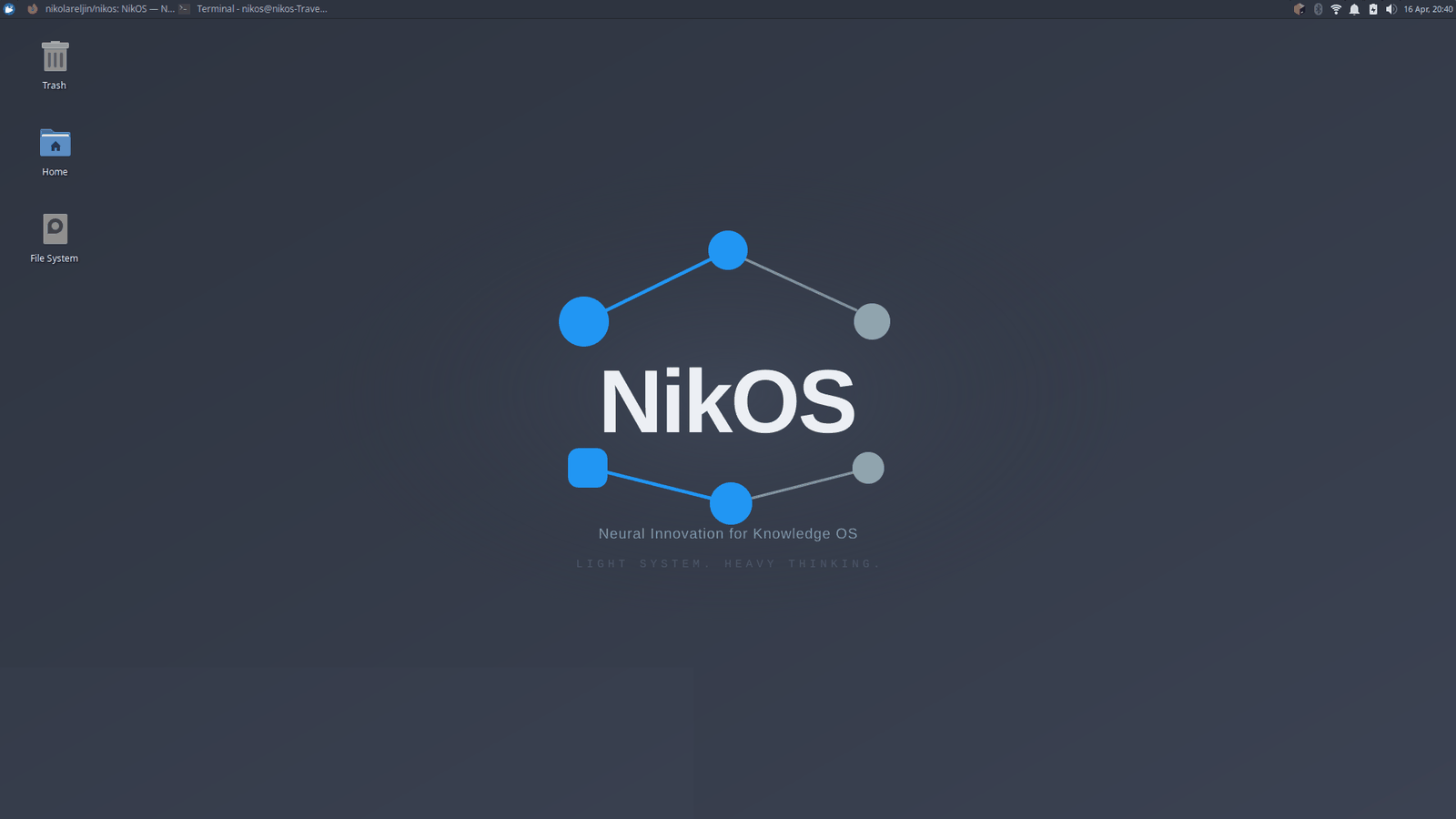 A NikOS desktop: the Xfce panel across the top with a browser and a terminal open, and the NikOS logo wallpaper on the Nord dark background.