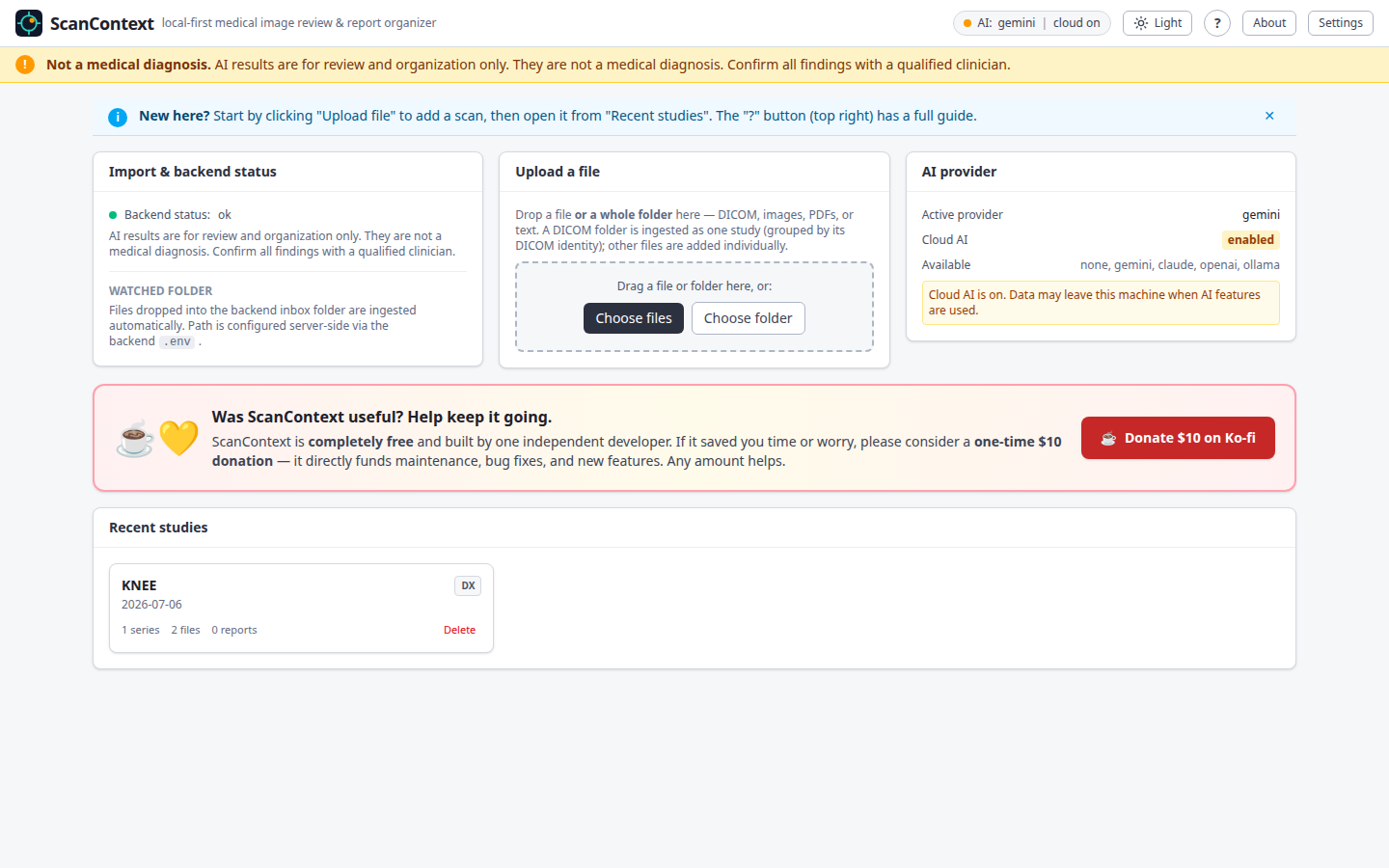 The ScanContext dashboard — import status, upload, AI provider, and recent studies.